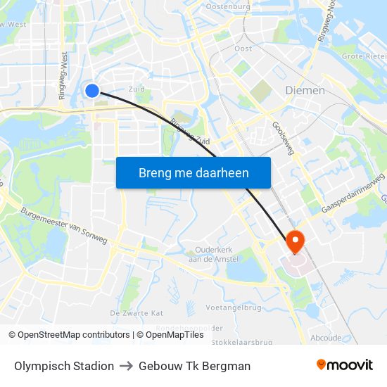 Olympisch Stadion to Gebouw Tk Bergman map