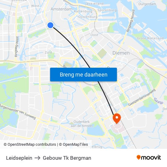 Leidseplein to Gebouw Tk Bergman map