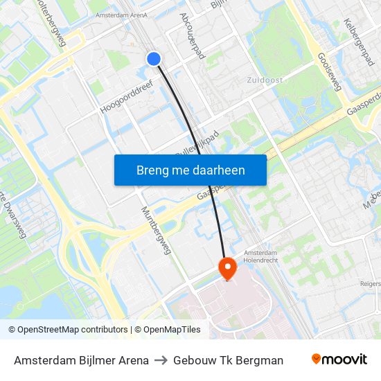 Amsterdam Bijlmer Arena to Gebouw Tk Bergman map