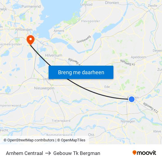 Arnhem Centraal to Gebouw Tk Bergman map