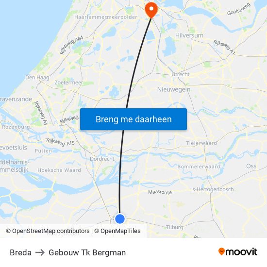 Breda to Gebouw Tk Bergman map