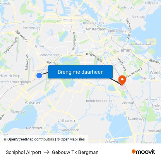 Schiphol Airport to Gebouw Tk Bergman map