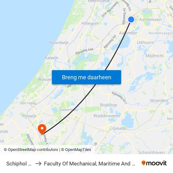Schiphol Airport to Faculty Of Mechanical, Maritime And Material Engineering map