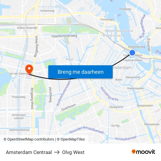 Amsterdam Centraal to Olvg West map