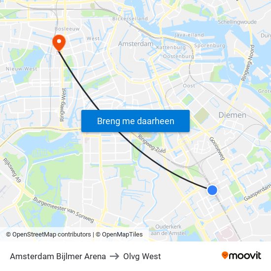 Amsterdam Bijlmer Arena to Olvg West map