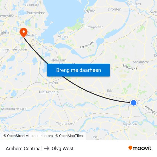 Arnhem Centraal to Olvg West map