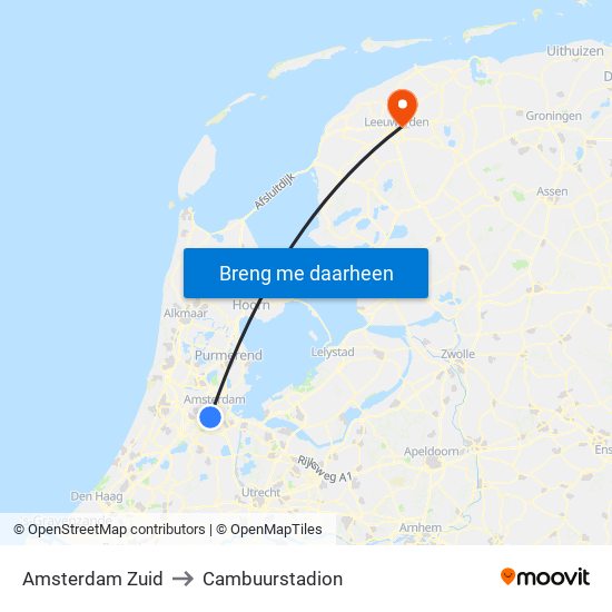 Amsterdam Zuid to Cambuurstadion map