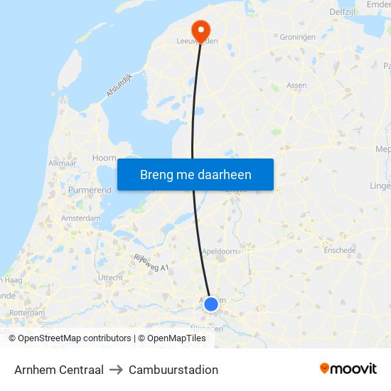 Arnhem Centraal to Cambuurstadion map