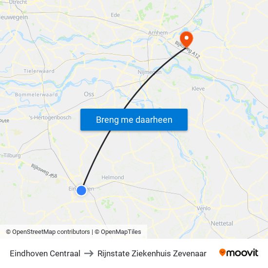 Eindhoven Centraal to Rijnstate Ziekenhuis Zevenaar map