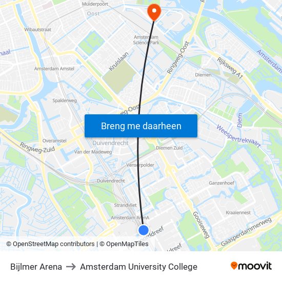 Bijlmer Arena to Amsterdam University College map