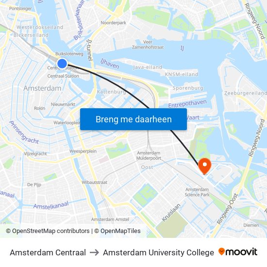 Amsterdam Centraal to Amsterdam University College map