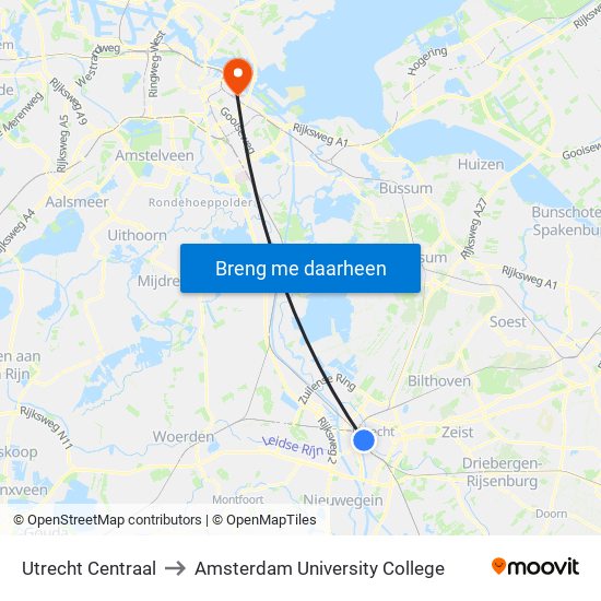 Utrecht Centraal to Amsterdam University College map
