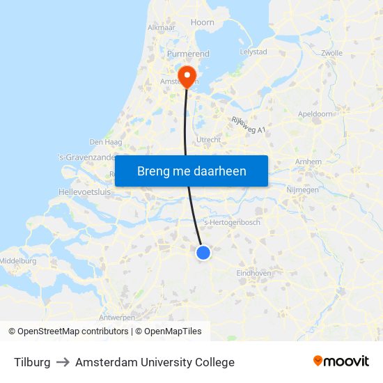 Tilburg to Amsterdam University College map