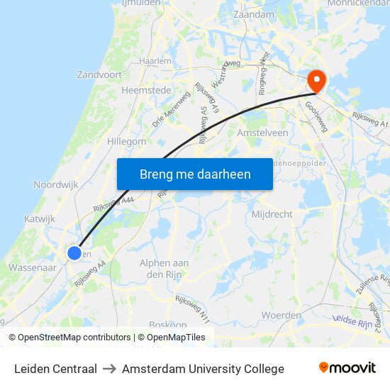 Leiden Centraal to Amsterdam University College map