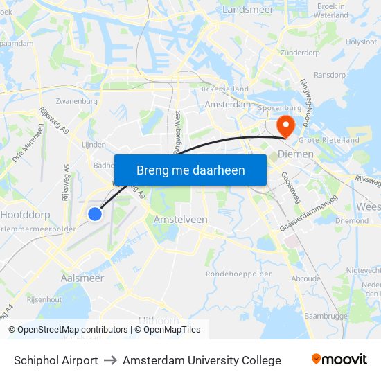 Schiphol Airport to Amsterdam University College map