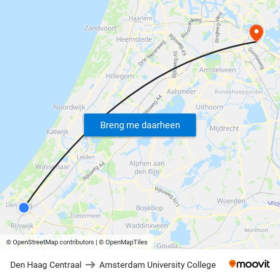 Den Haag Centraal to Amsterdam University College map
