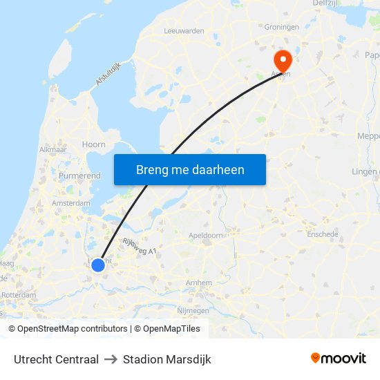 Utrecht Centraal to Stadion Marsdijk map