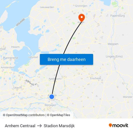 Arnhem Centraal to Stadion Marsdijk map
