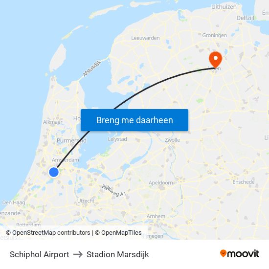 Schiphol Airport to Stadion Marsdijk map