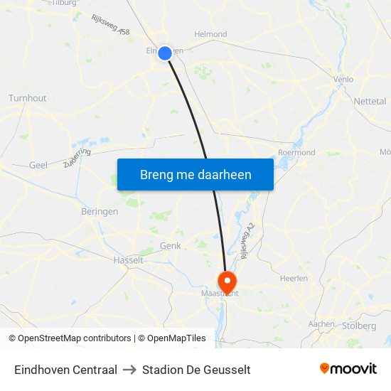 Eindhoven Centraal to Stadion De Geusselt map