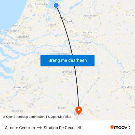 Almere Centrum to Stadion De Geusselt map
