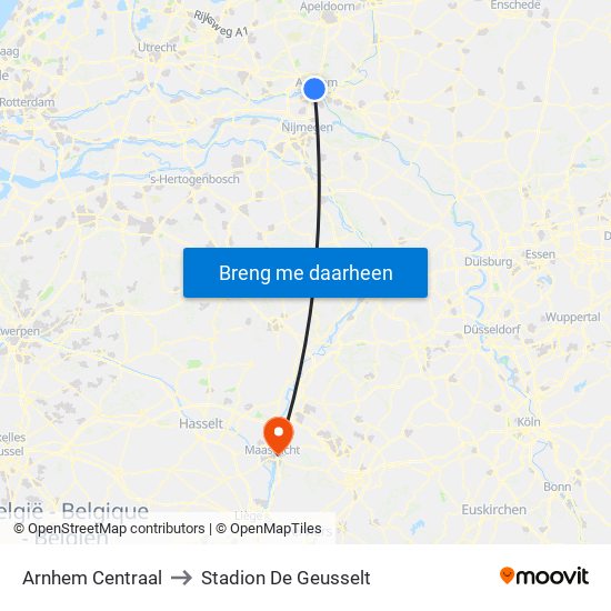 Arnhem Centraal to Stadion De Geusselt map