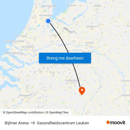 Bijlmer Arena to Gezondheidscentrum Leuken map