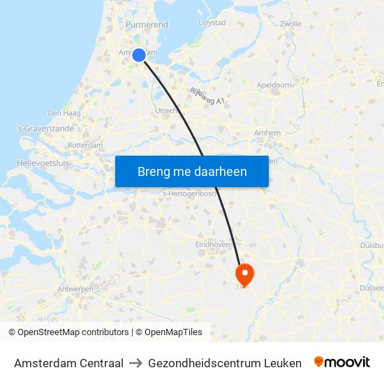 Amsterdam Centraal to Gezondheidscentrum Leuken map