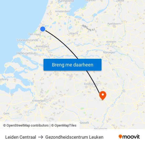 Leiden Centraal to Gezondheidscentrum Leuken map