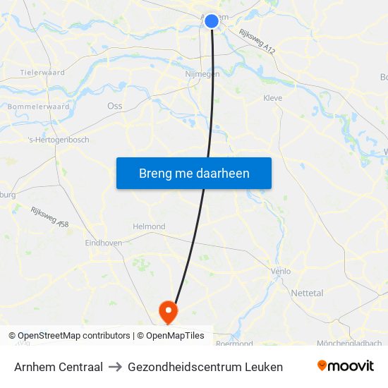 Arnhem Centraal to Gezondheidscentrum Leuken map