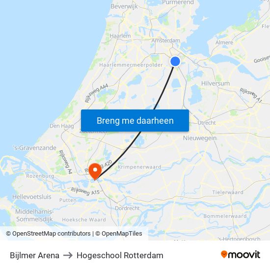 Bijlmer Arena to Hogeschool Rotterdam map