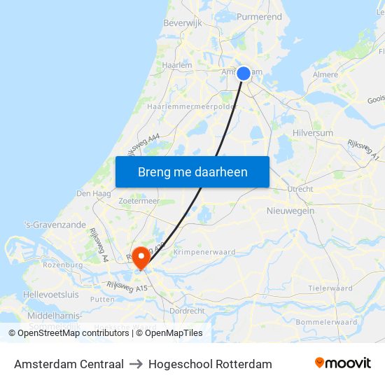 Amsterdam Centraal to Hogeschool Rotterdam map
