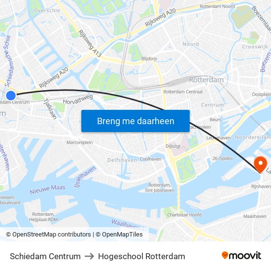 Schiedam Centrum to Hogeschool Rotterdam map