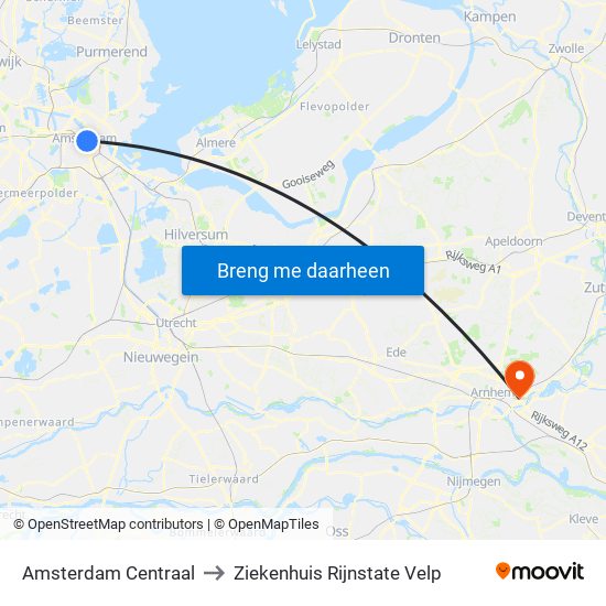 Amsterdam Centraal to Ziekenhuis Rijnstate Velp map