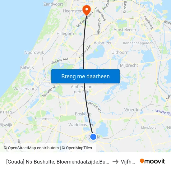 [Gouda] Ns-Bushalte, Bloemendaalzijde,Burgerm Jamessingel to Vijfhuizen map