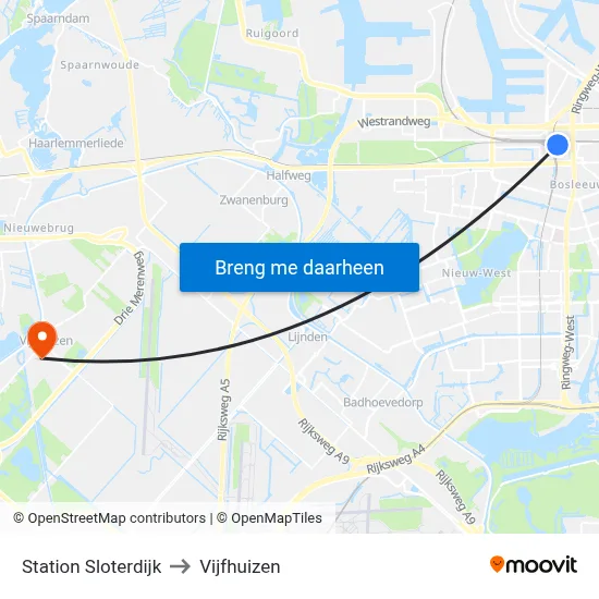 Station Sloterdijk to Vijfhuizen map