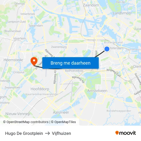 Hugo De Grootplein to Vijfhuizen map