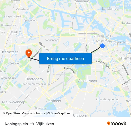 Koningsplein to Vijfhuizen map