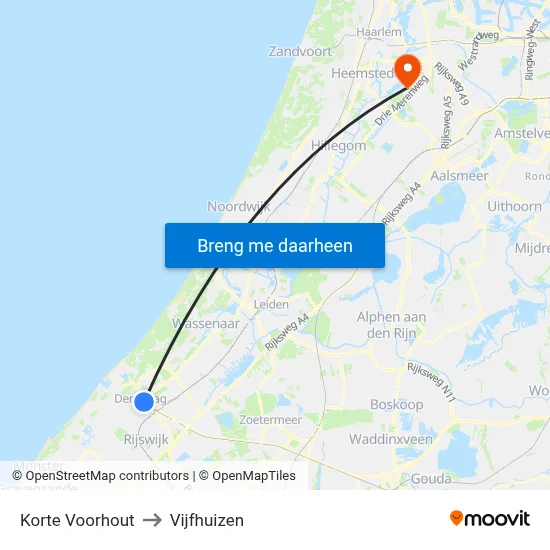 Korte Voorhout to Vijfhuizen map