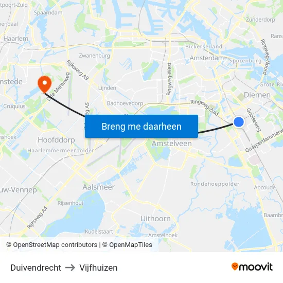Duivendrecht to Vijfhuizen map