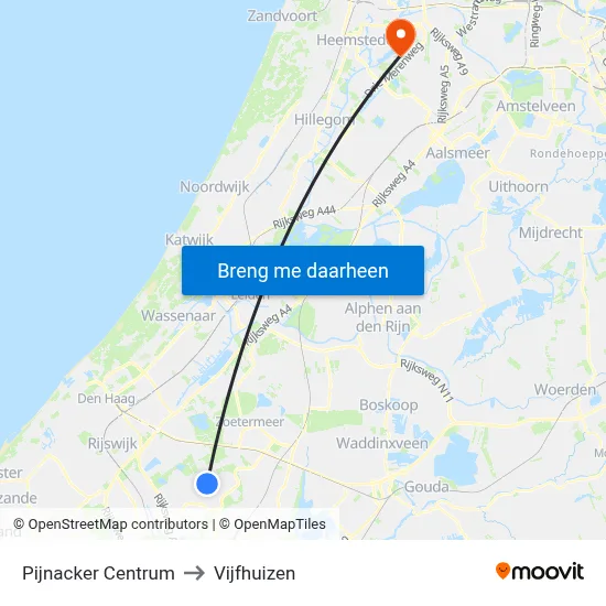 Pijnacker Centrum to Vijfhuizen map