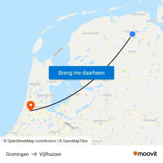Groningen to Vijfhuizen map