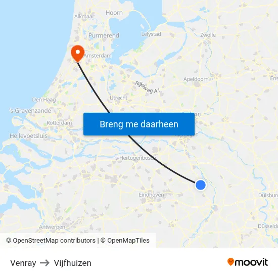 Venray to Vijfhuizen map