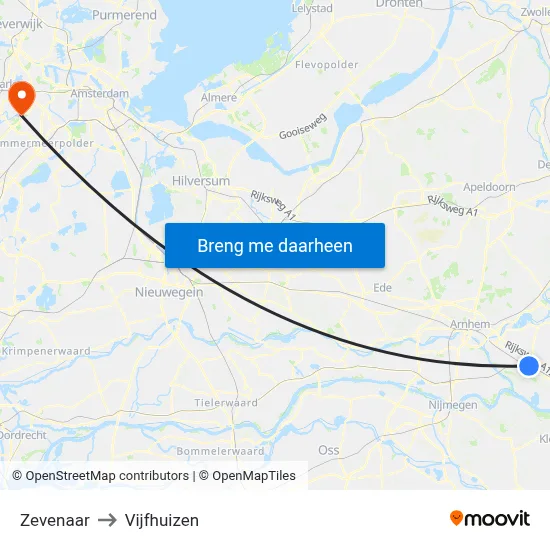 Zevenaar to Vijfhuizen map