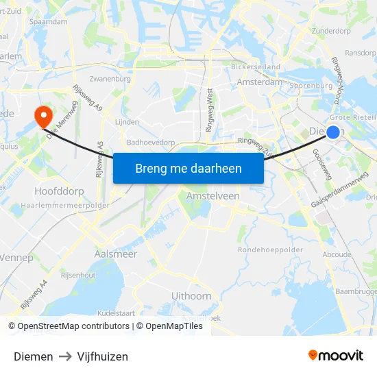Diemen to Vijfhuizen map