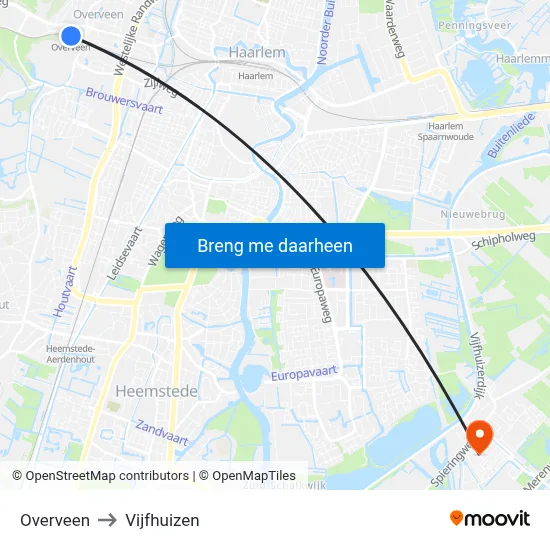 Overveen to Vijfhuizen map