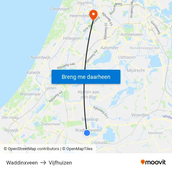 Waddinxveen to Vijfhuizen map