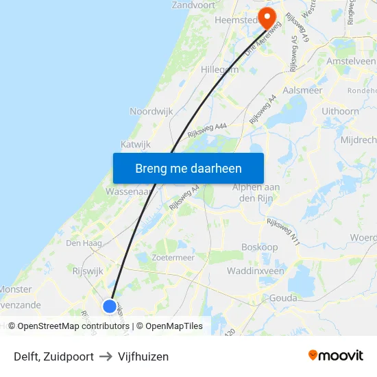 Delft, Zuidpoort to Vijfhuizen map