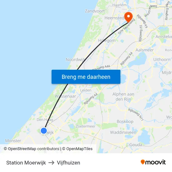 Station Moerwijk to Vijfhuizen map