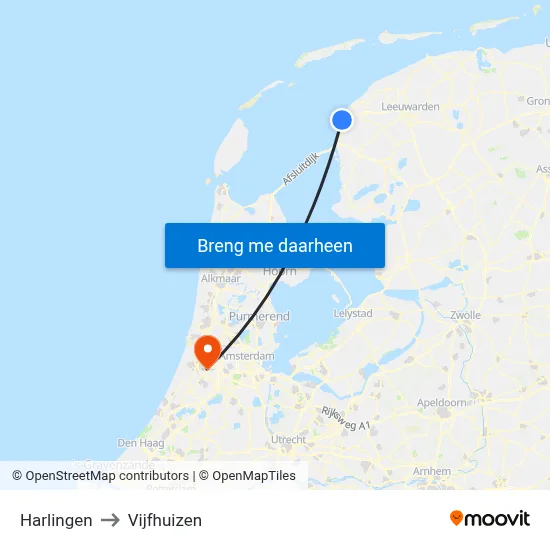 Harlingen to Vijfhuizen map